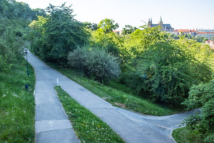 View of park paths from Petřín Funicular, Prague