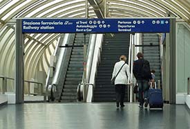 Escalators to railroad station at Fiumicino Airport