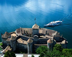 Swiss lake steamer at Castle of Chillon