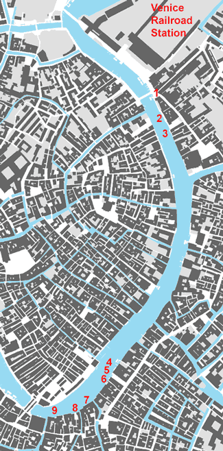 Map of Grand Canal hotels from Venice Railroad Station to Rialto Bridge