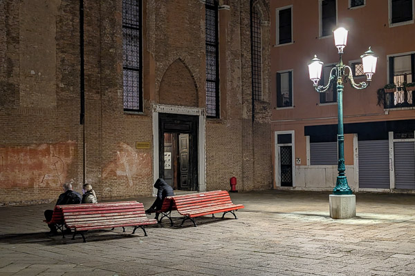 Benches in Campo San Stefano, Venice, Italy.