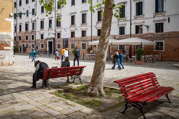 Benches in Campo dei Gesuiti, Venice, Italy.