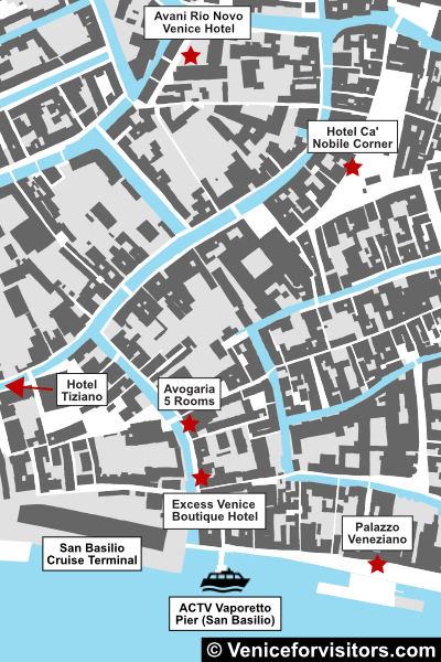 Map of San Basilio cruise terminal area with hotels.